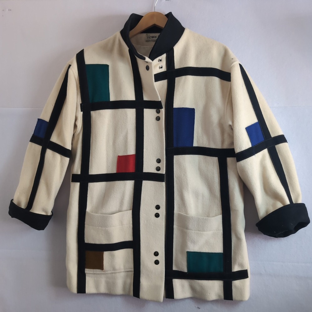 Herman Kay Vintage Wool Blend Mondrian Geometric Color Block Snap Coat FLAWS